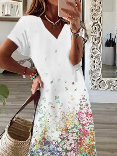 Women's Floral Spring Print V-Neck Short Sleeve Slit Dress