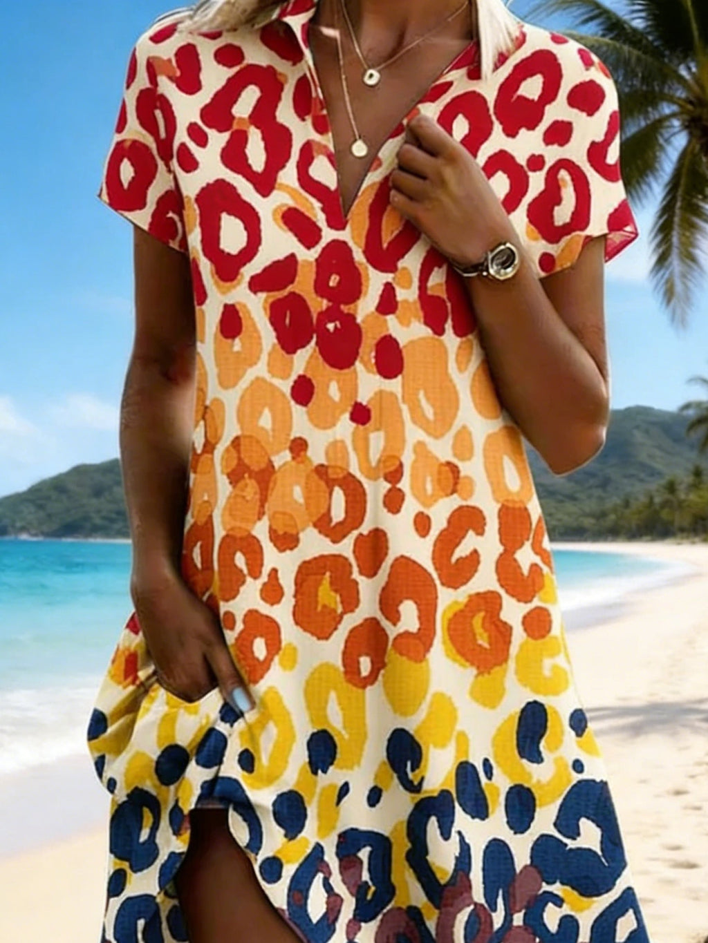 Women's Leopard Printing Short Sleeve V-Neck Summer Beach Vacation Midi Dress