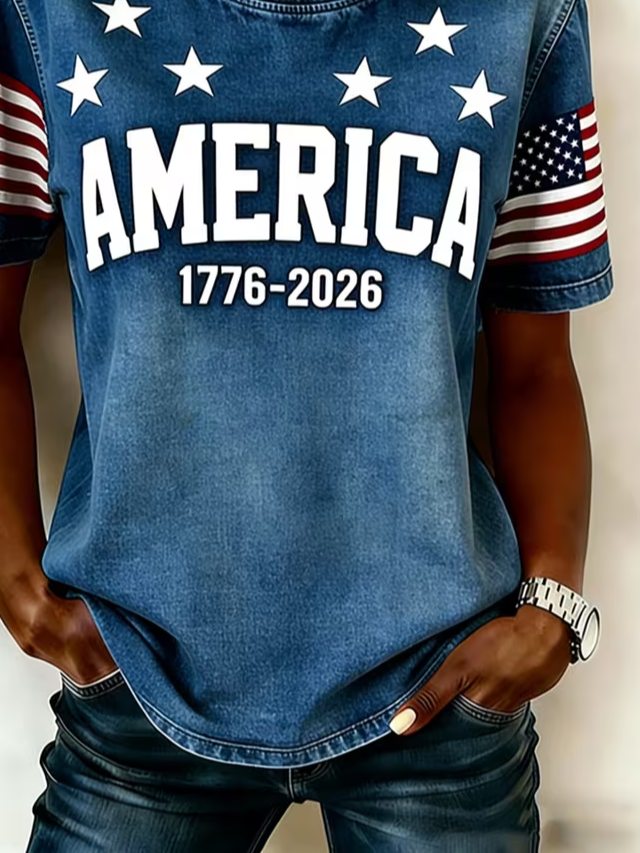 Women's Short Sleeve T-shirt Summer Blue Independence Day (Flag) Printing Jersey Crew Neck Daily Going Out Casual Top