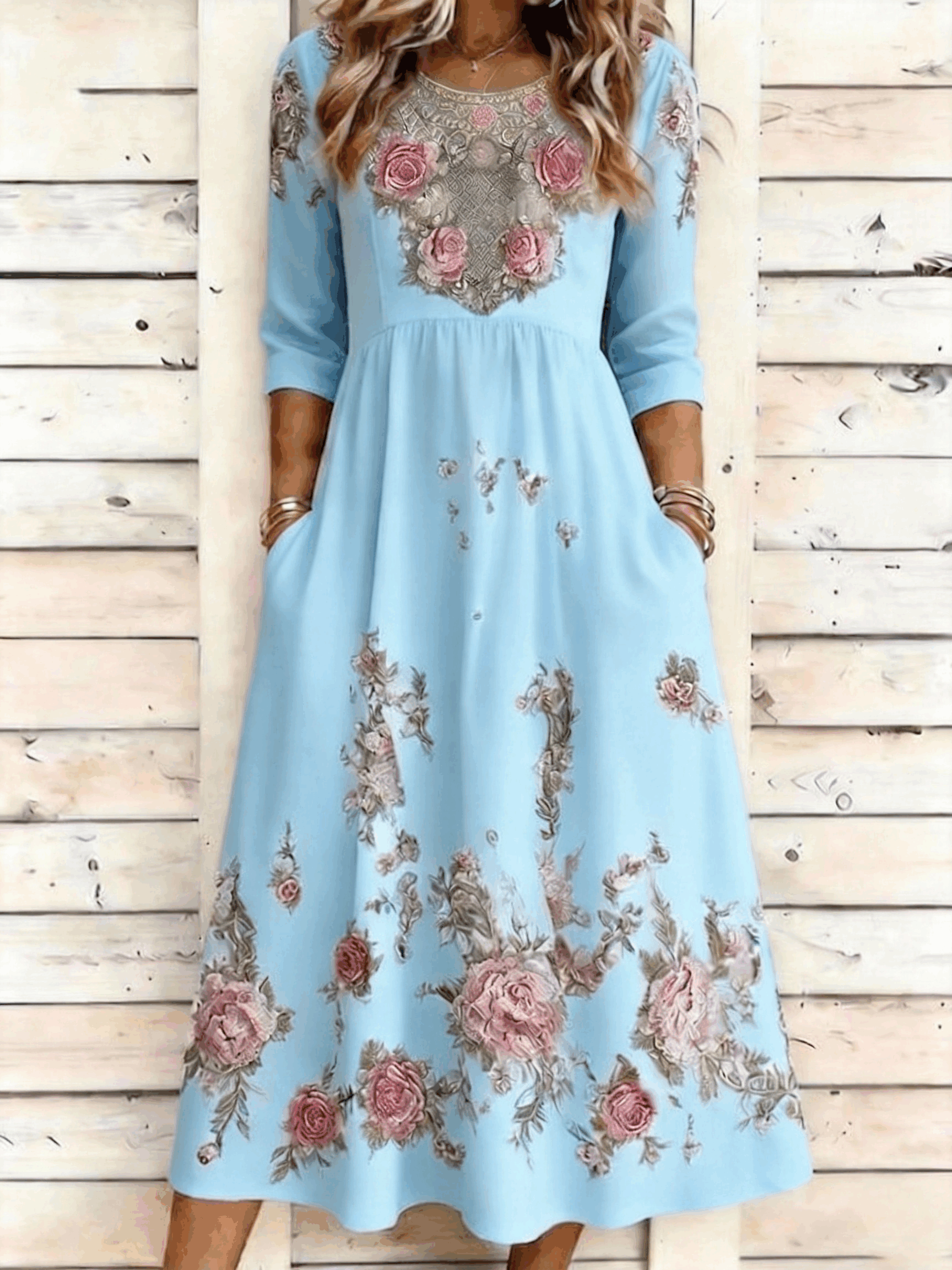 Rose Floral Print Casual A-Line Maxi Dress with Pockets