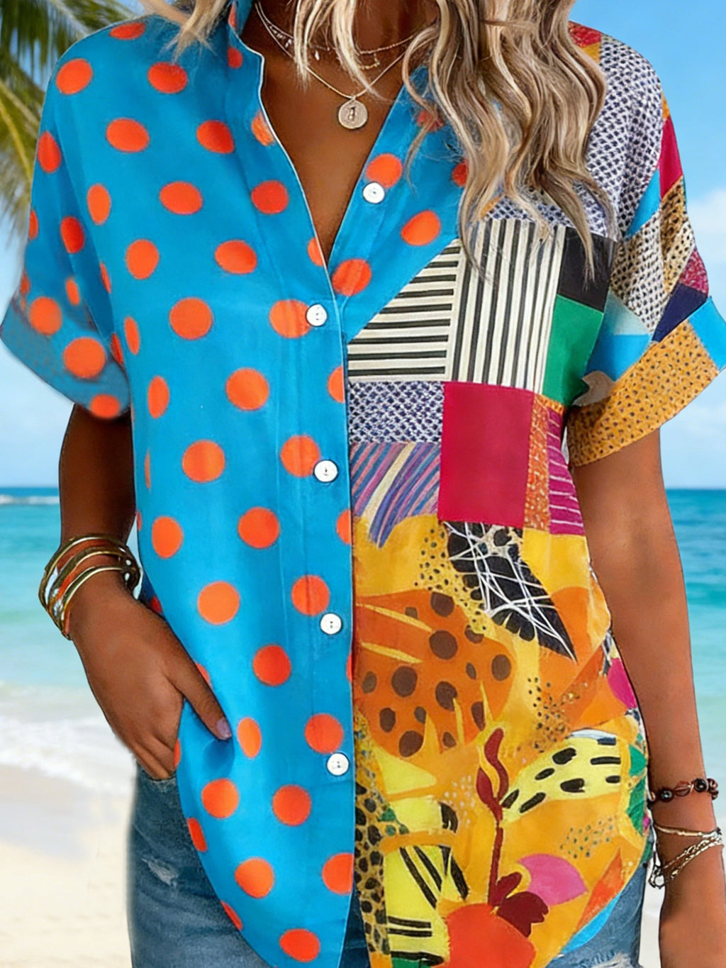 3D Printing Shawl Collar Casual Colorblock Summer Going Out Casual Shirt