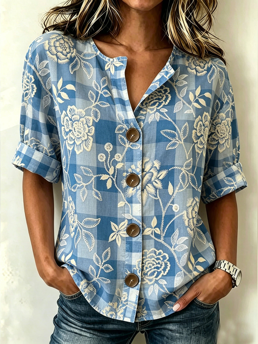 Plaid Floral Printed Stand Collar Botton Spring Summer Linen Blend Casual Shirt