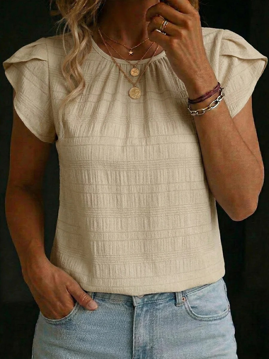 Plain Round Neck Ruffle Short Sleeve T-Shirt Casual Regular Fit Summer Casual Top