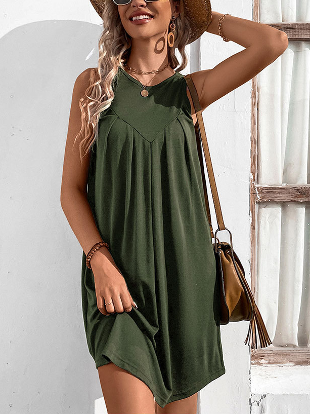 Plain Elegant Cotton-Blend Crew Neck Dress With No