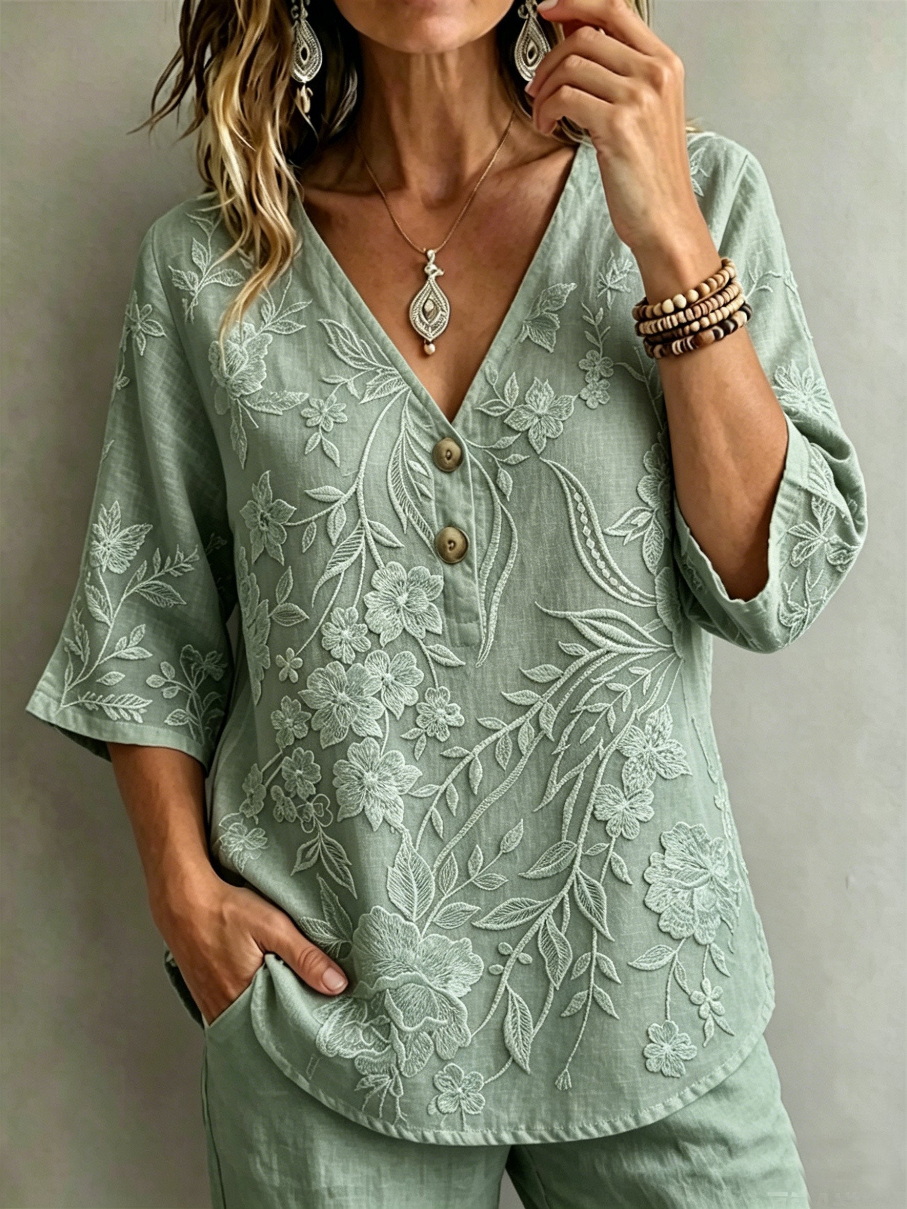Botanical Pattern Linen Blend Elegant V Neck Blouse