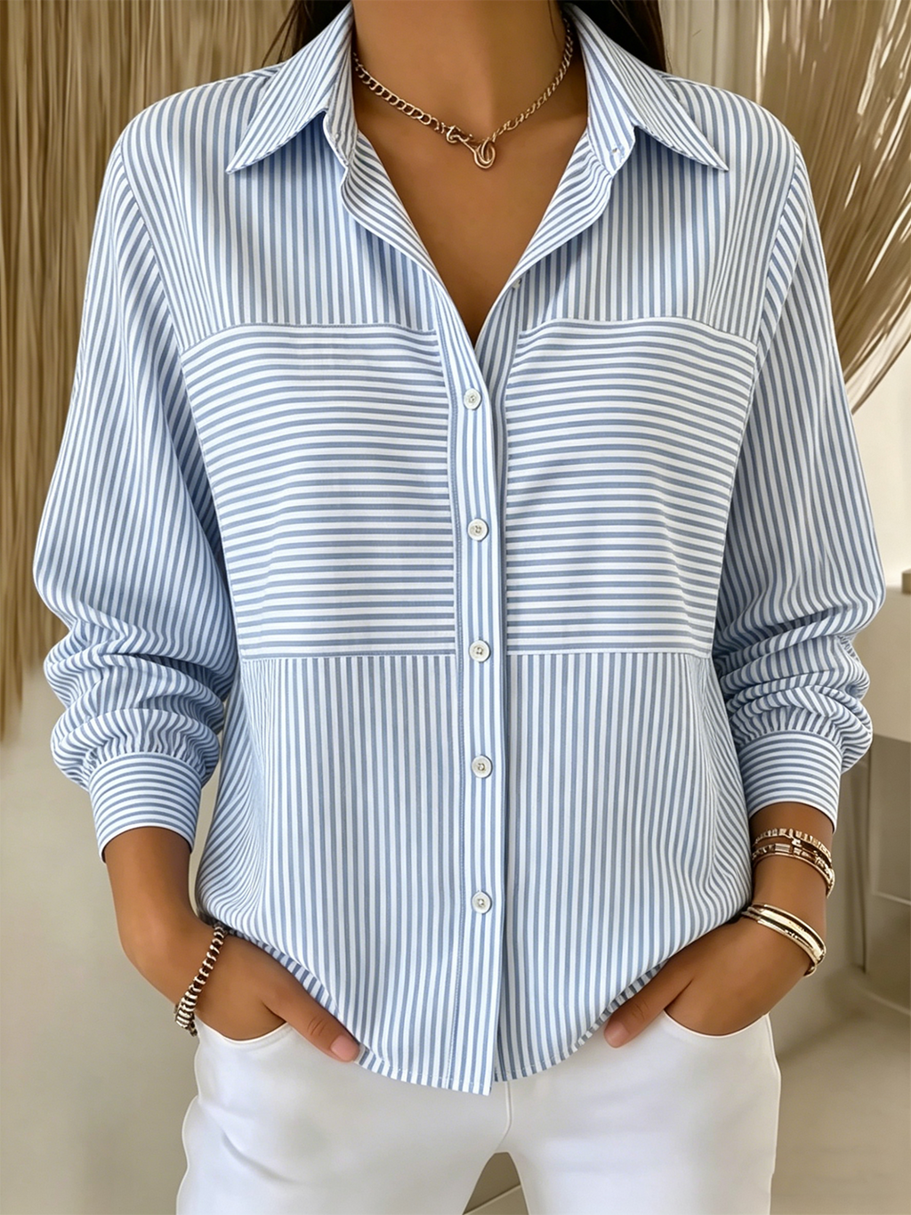 Striped Loose Simple Shirt Collar Shirt