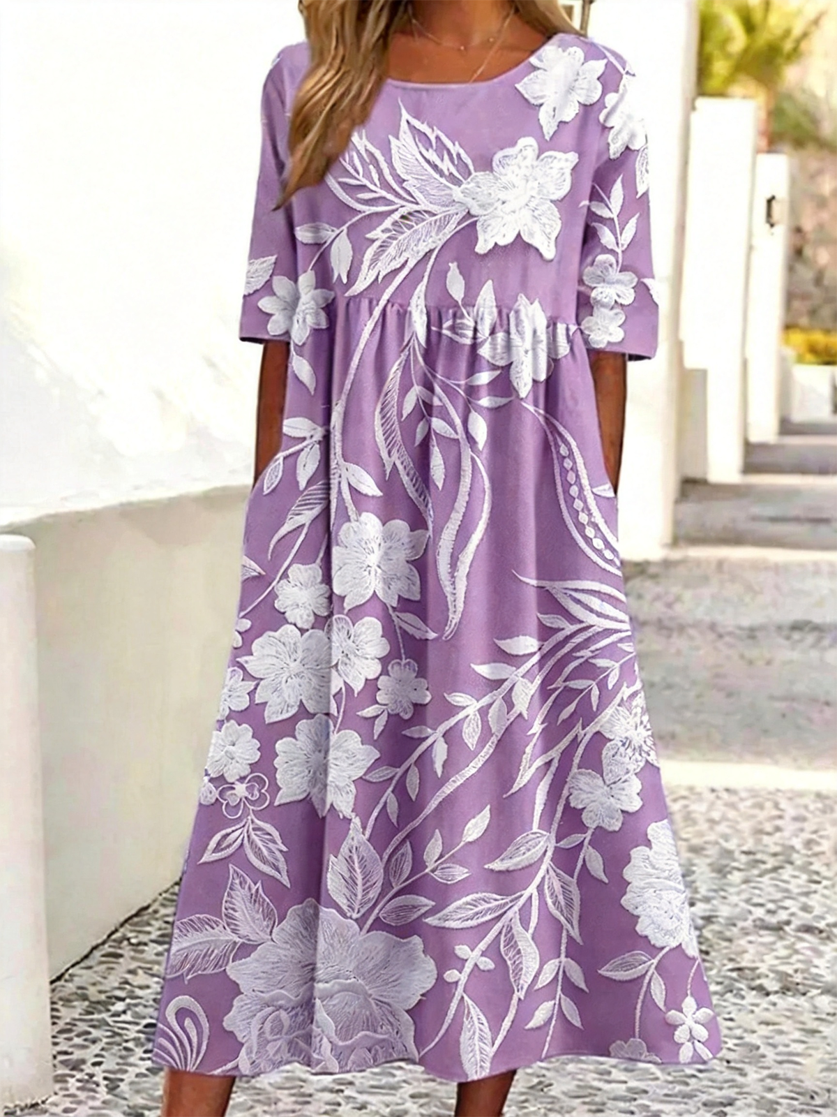 Women's Floral Print Maxi Dress Round Neck Half Sleeve Casual A-Line Dress with Pockets