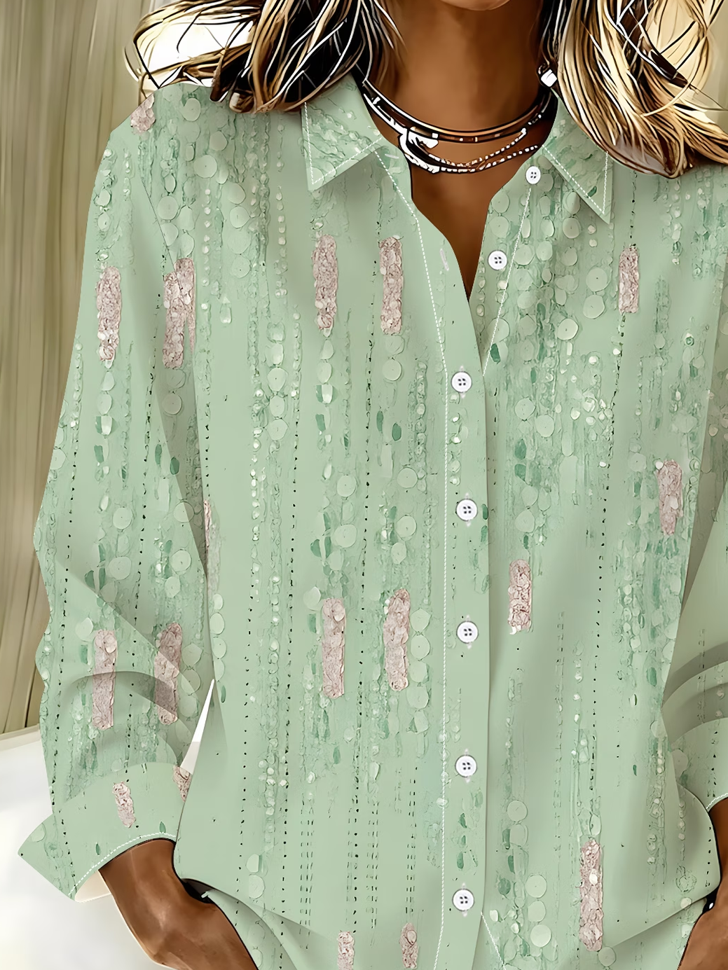 Women's Long Sleeve Shirt Spring/Fall Green Abstract Buckle Shirt Collar Daily Going Out Casual Top