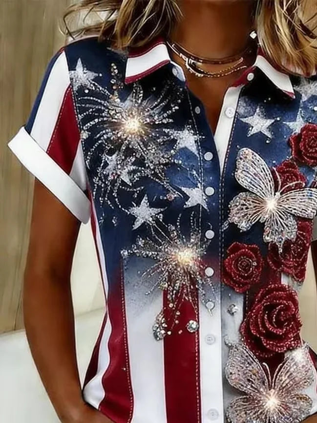 Women's Short Sleeve Shirt Summer As Picture Independence Day (Flag) Printing Shirt Collar Daily Going Out Casual Top