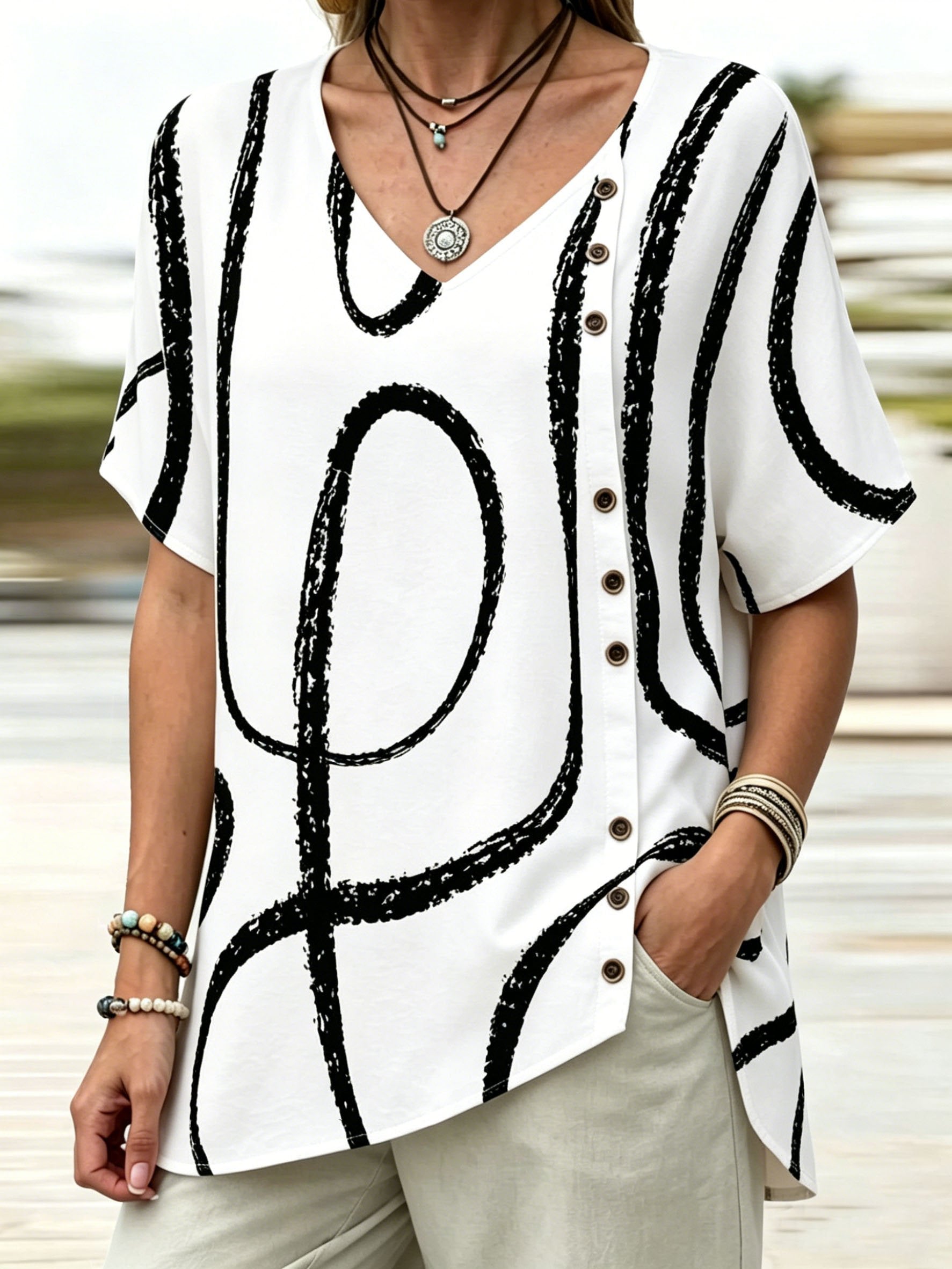 V Neck Geometric Print Top Short Sleeve Loose Casual Blouse