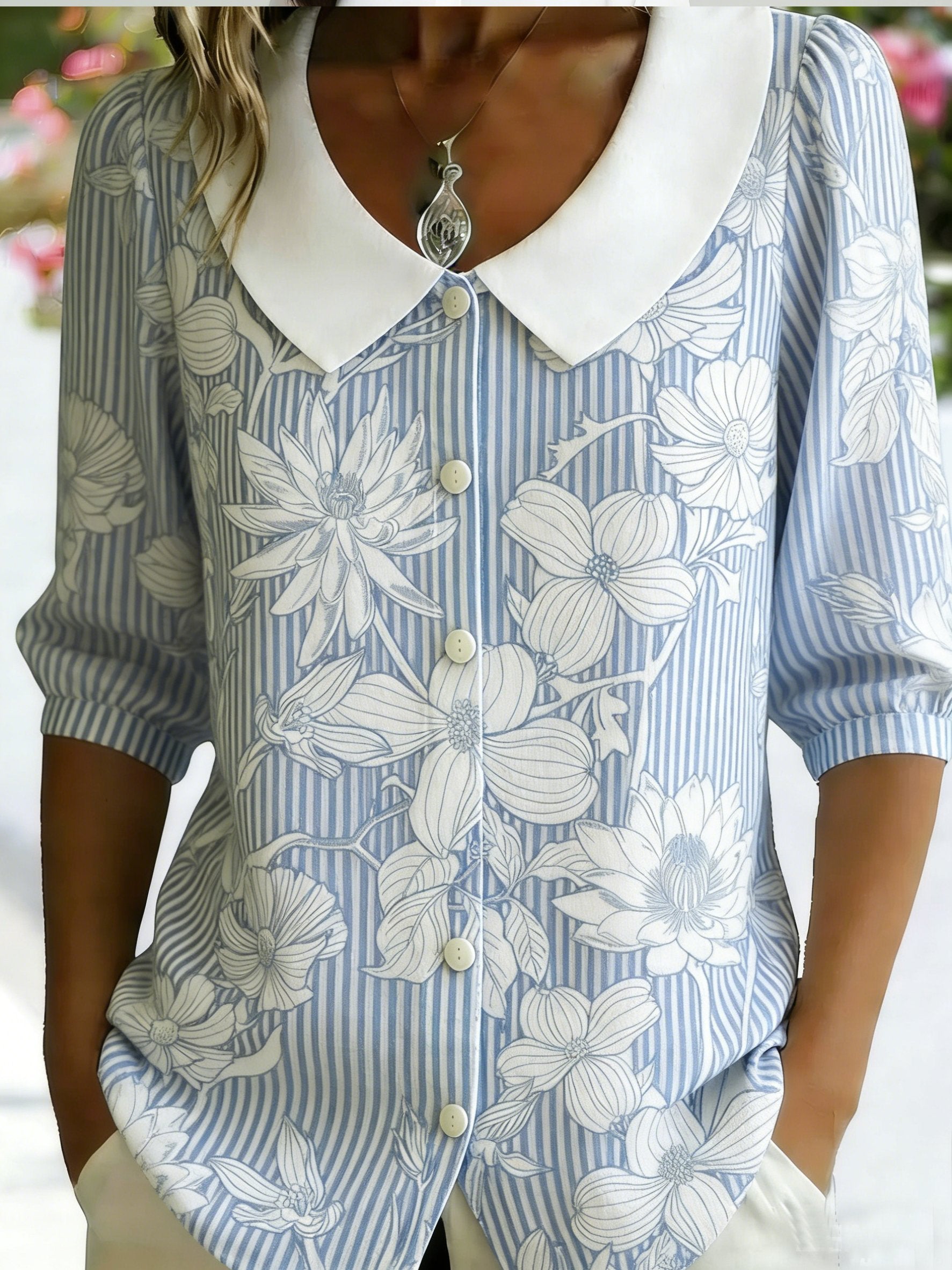 3D Printing Linen Blend Blue Stripe Floral Shawl Collar Button Loose Casual Shirt