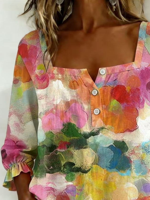 Women's Three Quarter Sleeve Blouse Spring/Fall As Picture Abstract Printing Square Neck Daily Going Out Vintage Top