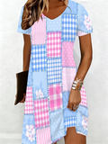 Women's Short Sleeve Summer Blue Abstract Printing V Neck Daily Going Out Casual Knee Length H-Line T-Shirt Dress Dress