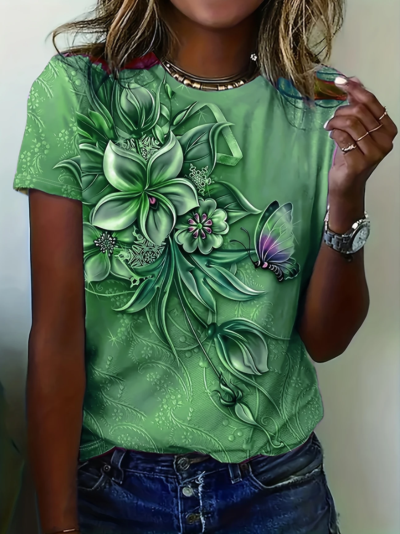 Women's Short Sleeve T-shirt Summer Green Floral Printing Crew Neck Daily Going Out Casual Top
