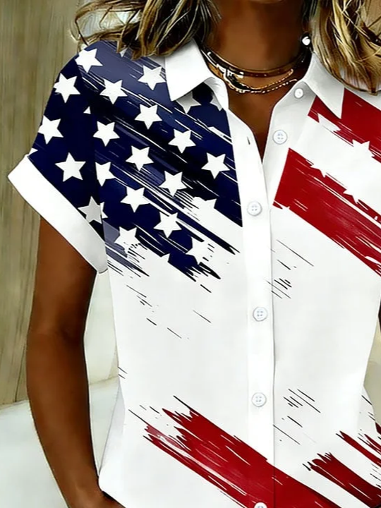 Women's Short Sleeve Shirt Summer White America Flag Printing Shirt Collar Daily Going Out Casual Top