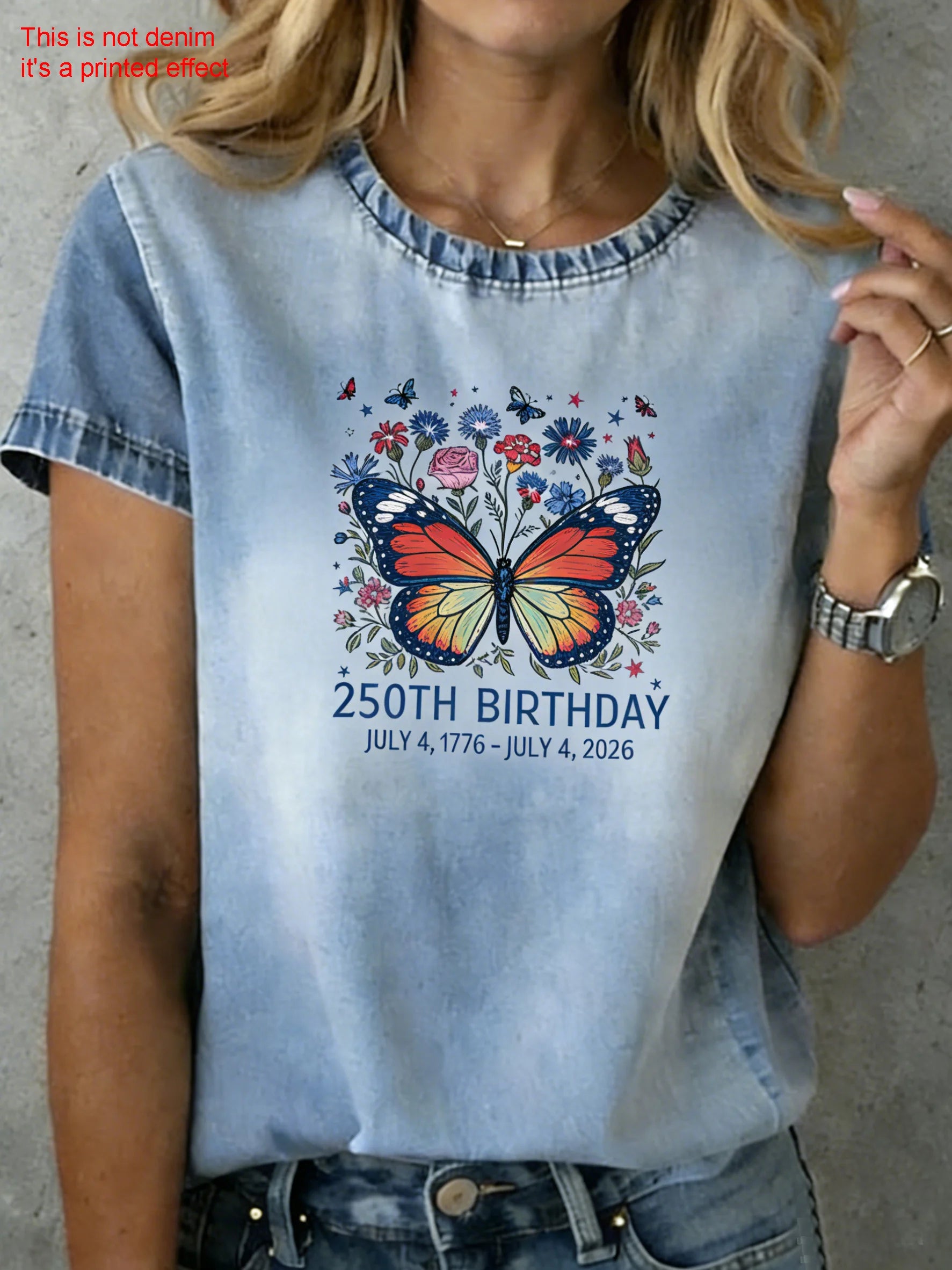 3D Printing Butterfly Round Neck Short Sleeve 250th Anniversary Letter Pattern Summer Casual T-Shirt