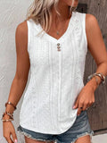 Loose V Neck Casual Buttoned Eyelet Embroidery Front Tank Top
