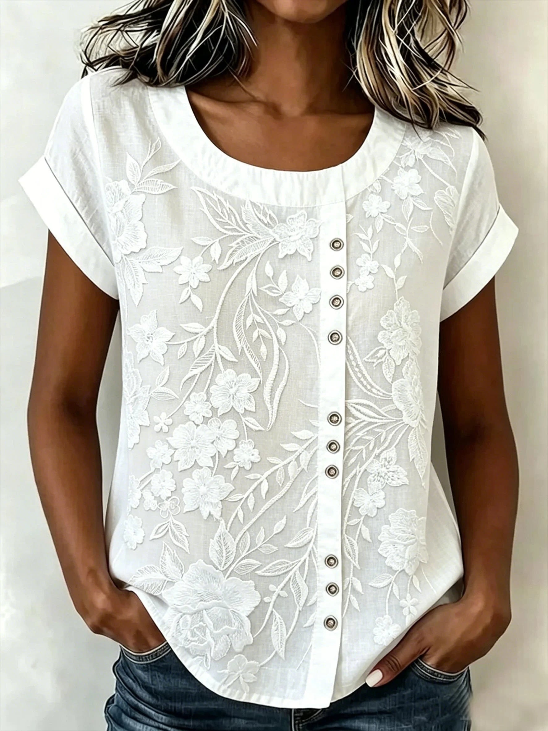 3D Printing Casual Linen Blend Crew Neck Loose Casual Top