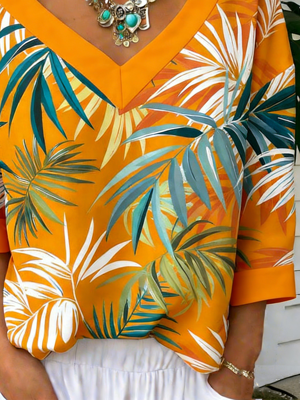 Casual Cotton-Blend V Neck Palm Leaf T-Shirt