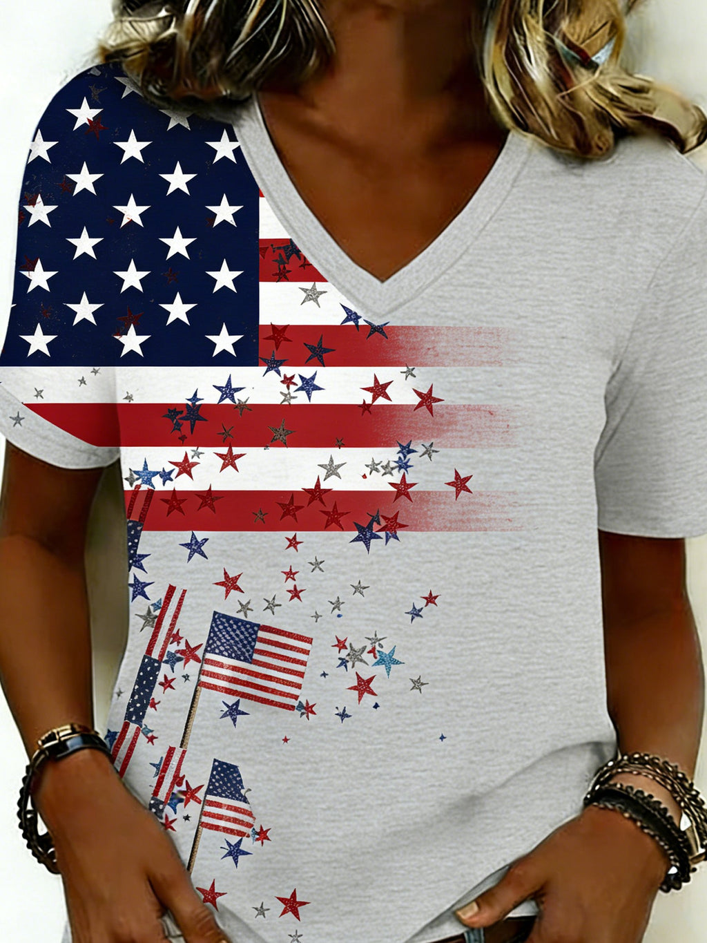 Women's 250th Anniversary Of The Founding Of the United States Short Sleeve V Neck 3D Printing Star America Flag Daily Going Out Casual T-Shirt