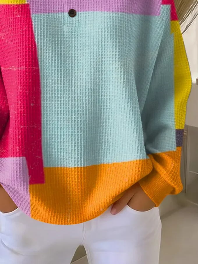 Women's Color Blocking Print Button-Up Casual Waffle Knit Sweatshirt