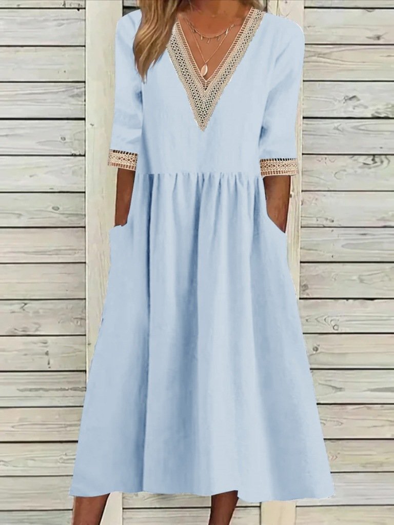 Women's Half Sleeve Summer Light Blue Plain Split Joint V Neck Daily Going Out Casual Maxi A-Line Fit & Flare Dress Dress