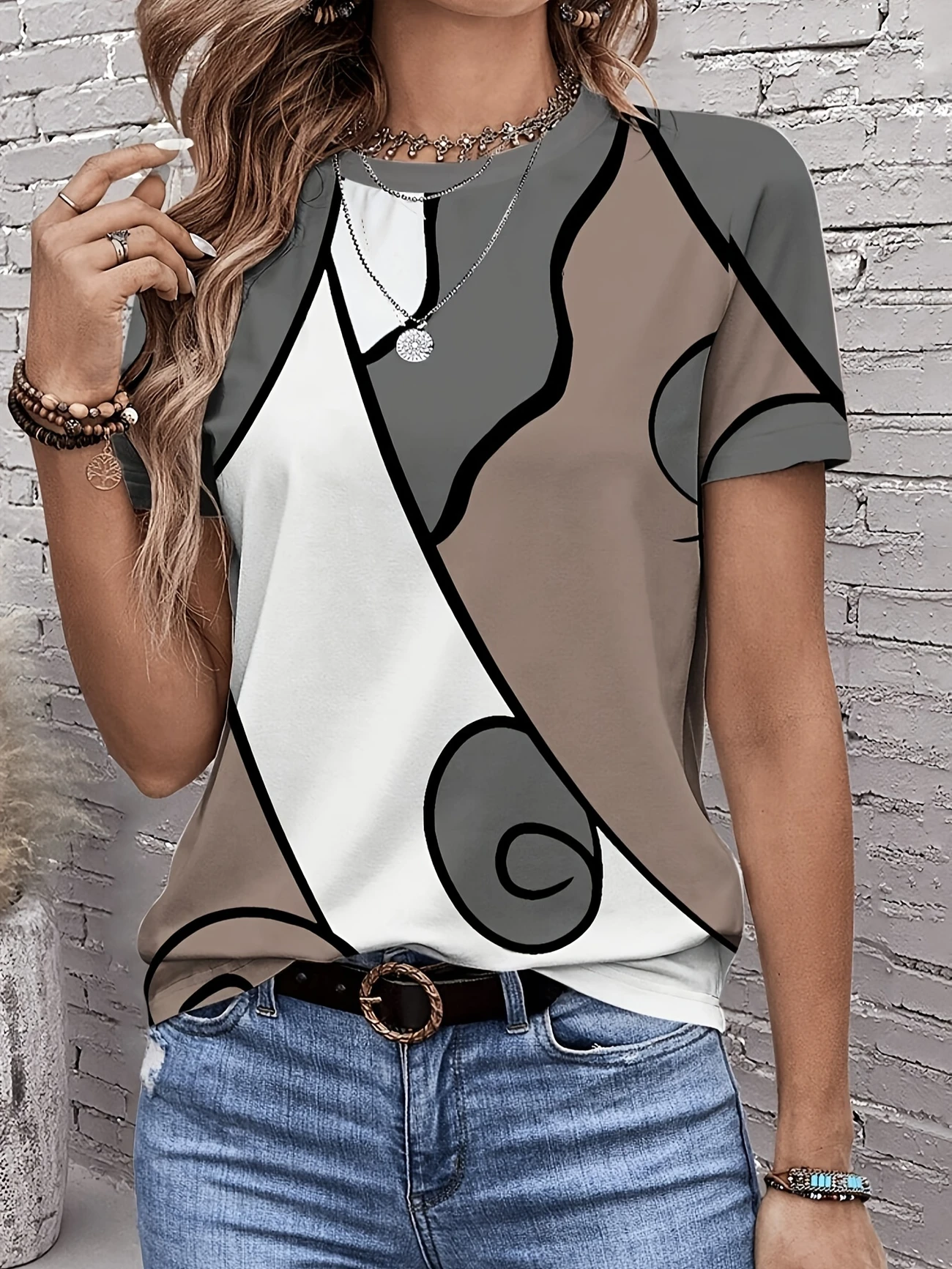 Women's Abstract Print Casual Round Neck Short Sleeve T-Shirt