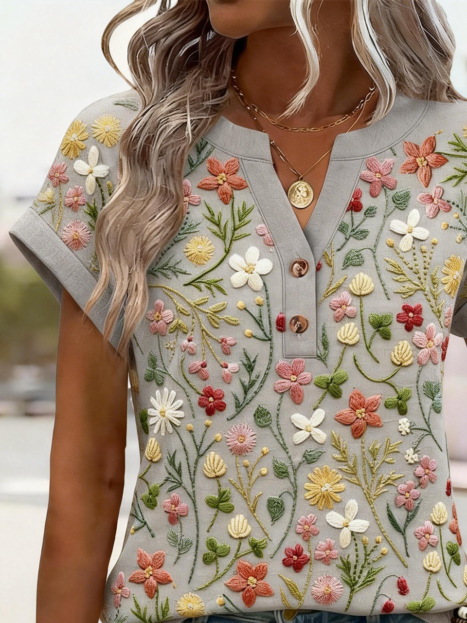 Cotton Elegant Loose Embroidery Patterns T-Shirt