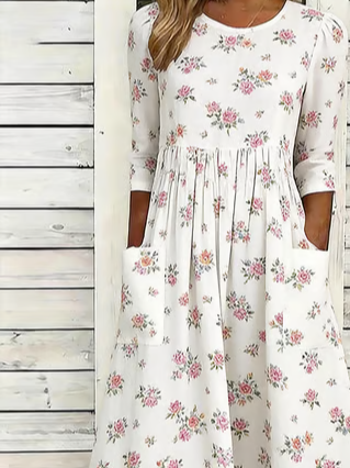 Loose Crew Neck Casual Floral Dress With No
