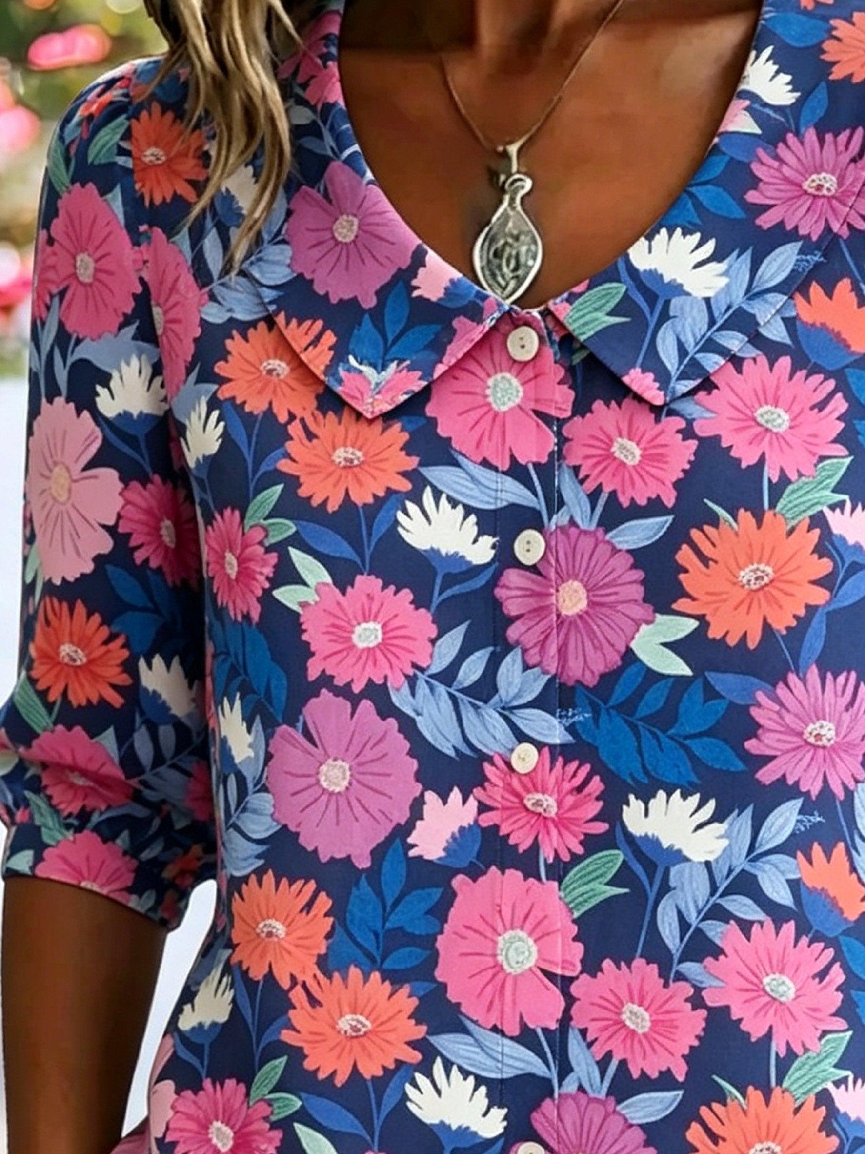 3D Printing Linen Blend Colorful Floral Shawl Collar Button Loose Casual Shirt