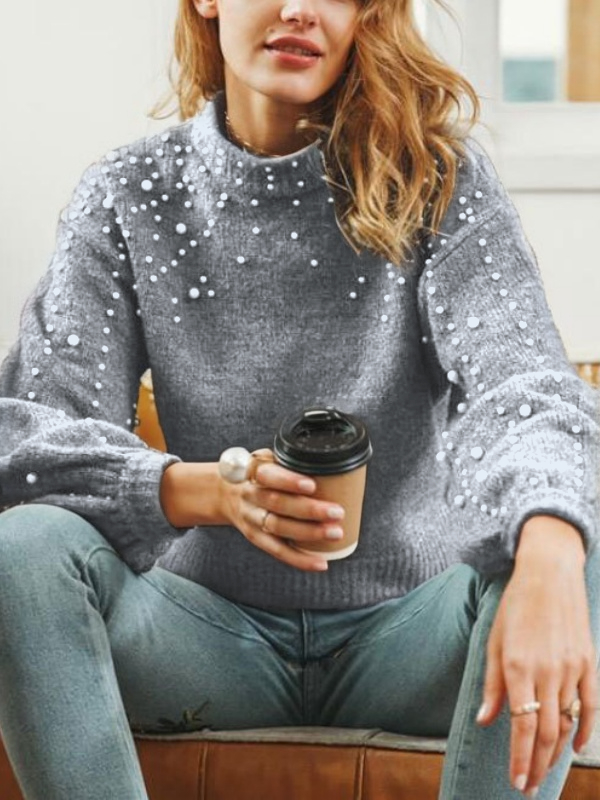 Girly Balloon Sleeve Plain Mock Neck Cotton-Blend Sweater