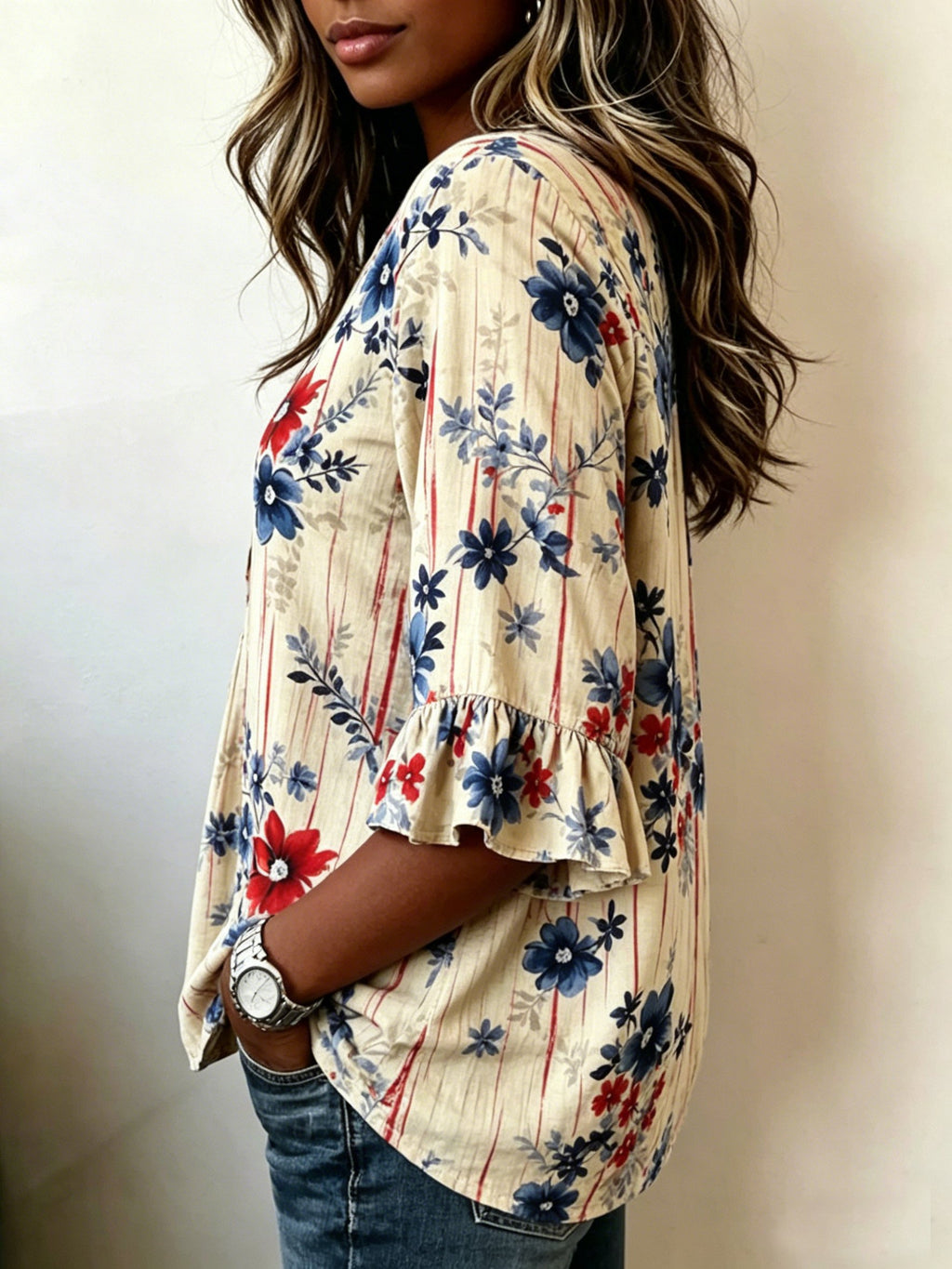 Women's Denim Blue Floral Half Sleeve Blouse Summer White Plain Peplum V Neck Button Daily Going Out Vintage Top Independence Day