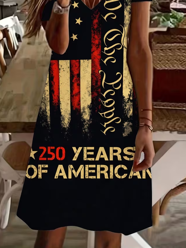 Women's Short Sleeve Summer Black America Flag V Neck Daily Going Out Casual Midi A-Line Fit & Flare Dress Dress
