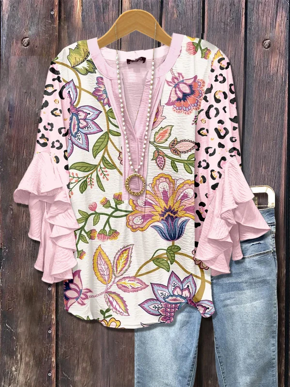 Women's Floral Leopard Print Ruffle Sleeve Top