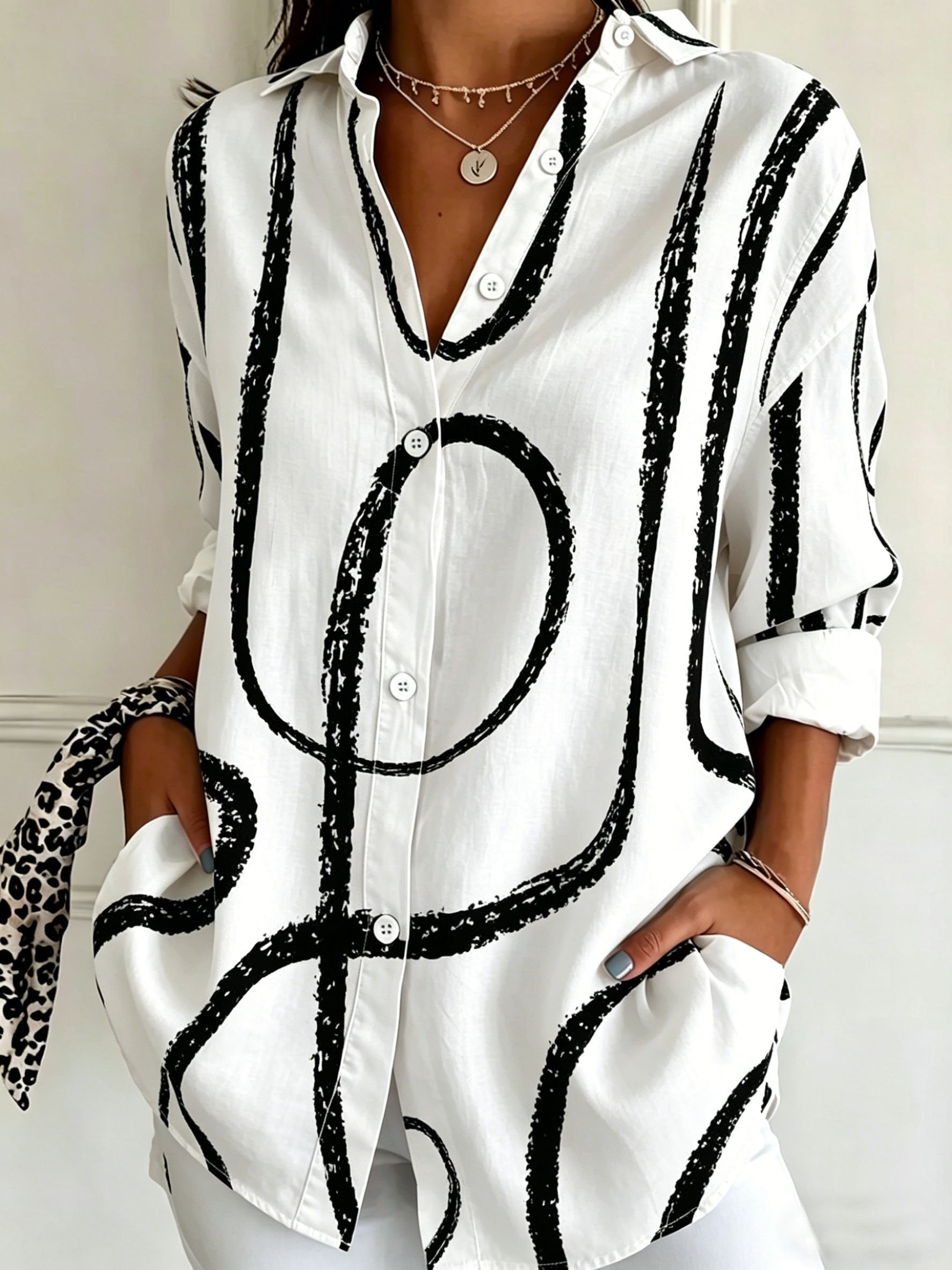 Vintage Abstract Graphic Print Shawl Collar Linen Blend Casual Shirt