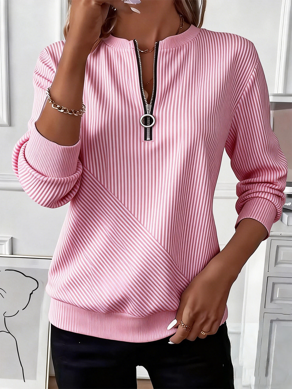 Crew Neck Casual Striped Loose Sweatshirt