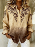Women's Long Sleeve Shirt Spring/Fall Brown Floral Buckle Shirt Collar Regular Sleeve Daily Going Out Casual Top