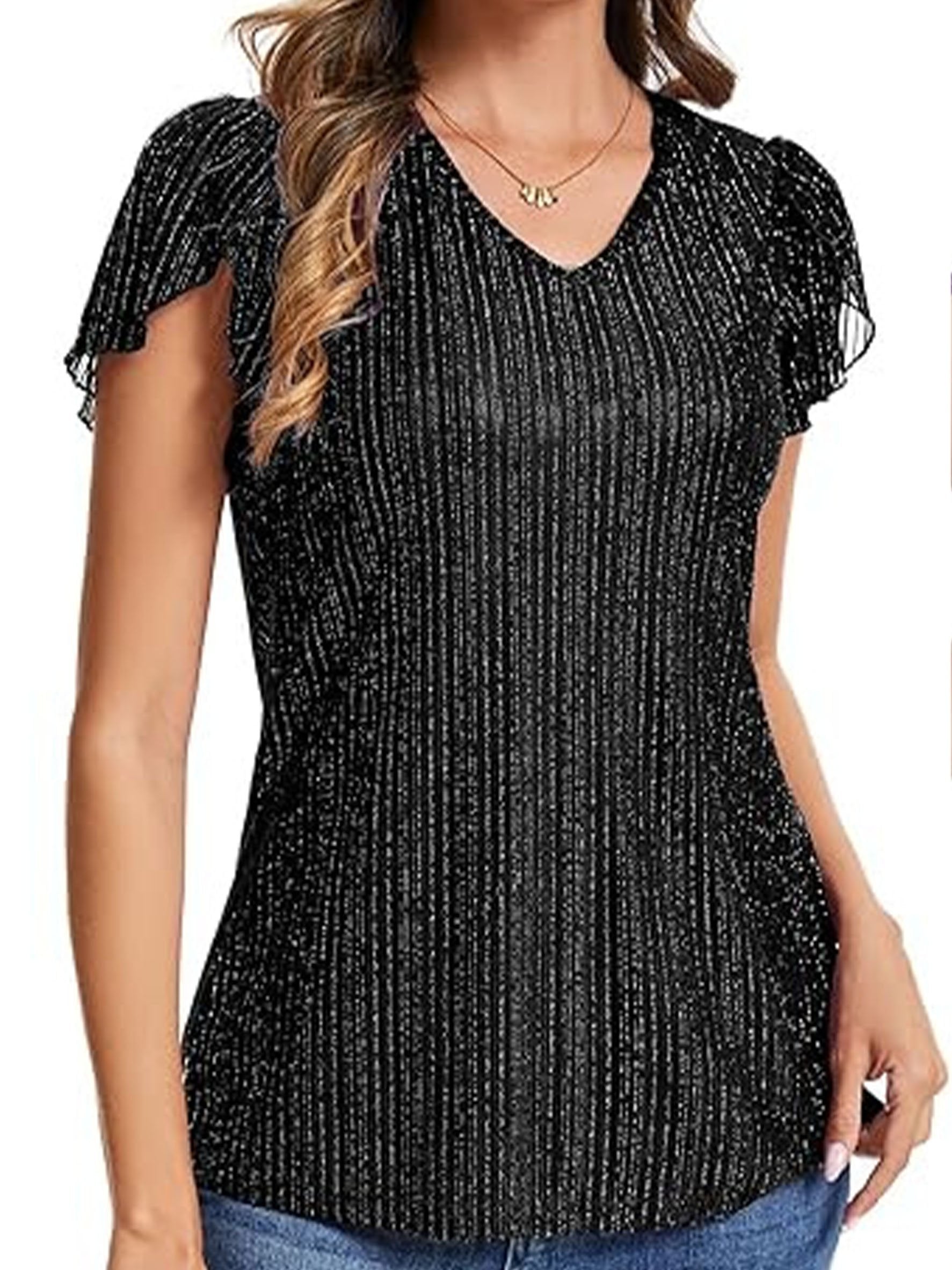 Women's Glitter V Neck Short Sleeve Top Summer Going Out Party Elegant T-Shirt