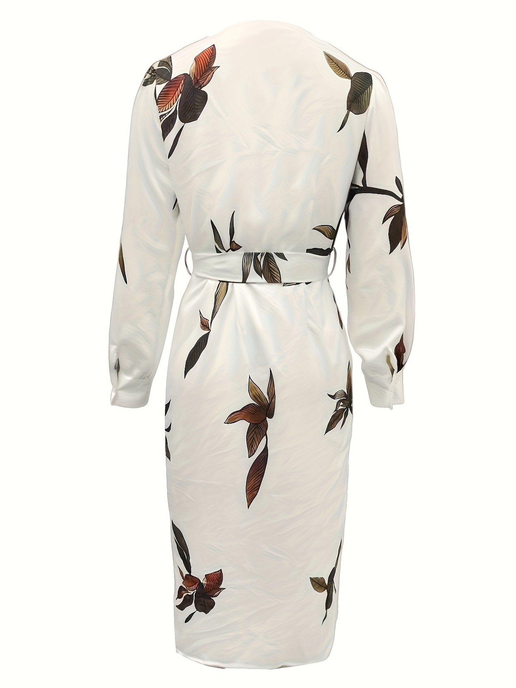 Elegant Botanical Print V-Neck Satin Wrap Midi Dress