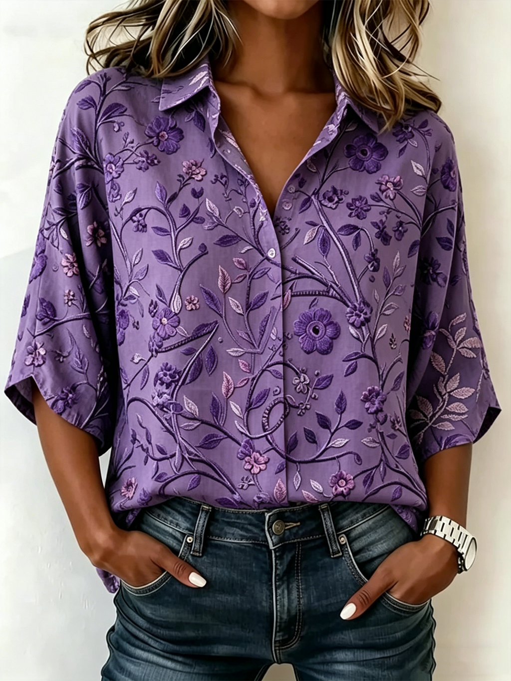 Loose Vintage Floral Shawl Collar Blouse
