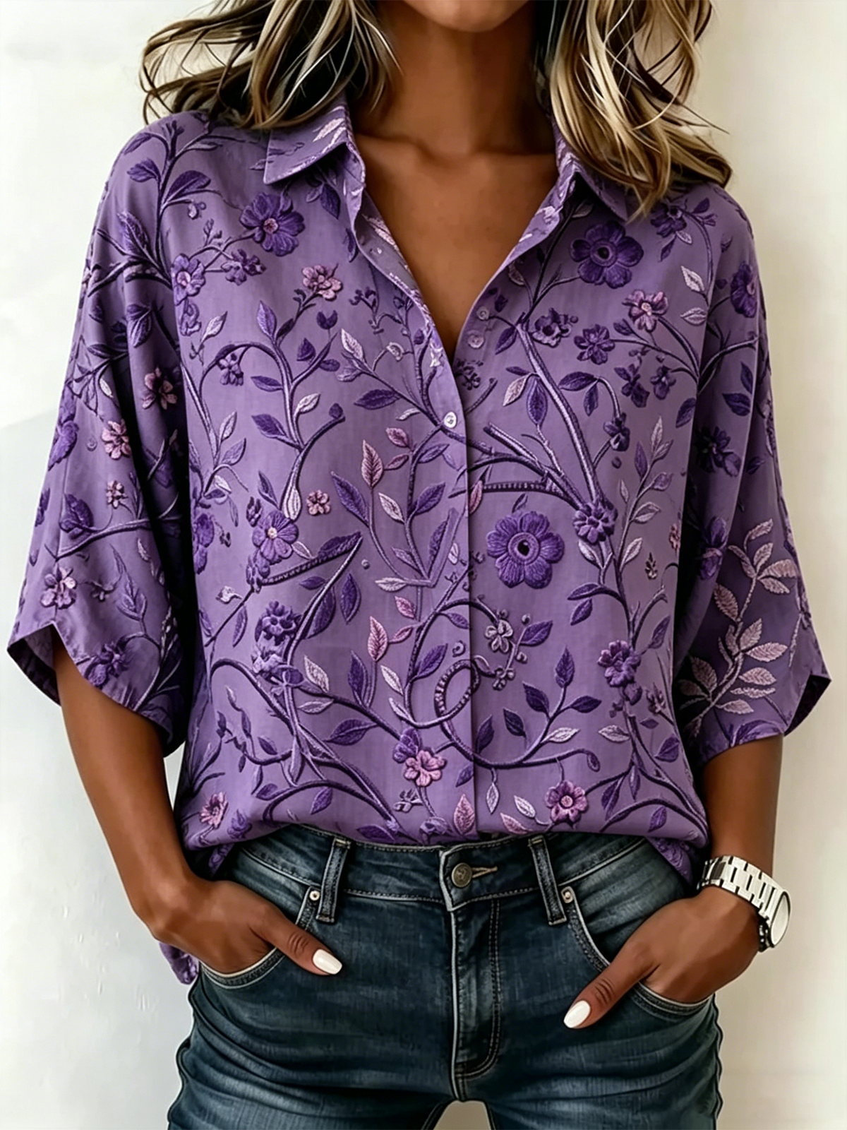 Loose Vintage Floral Shawl Collar Blouse