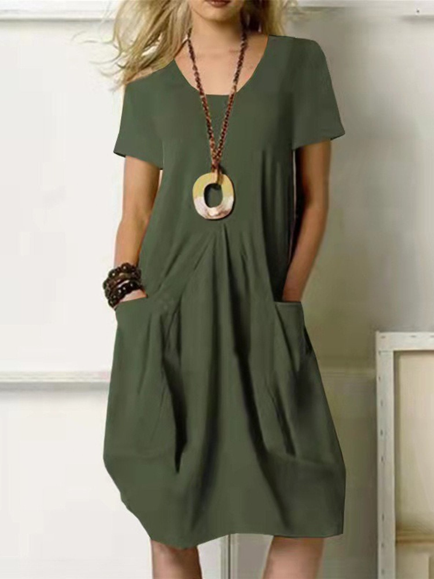 Casual Plain Crew Neck Midi Dress