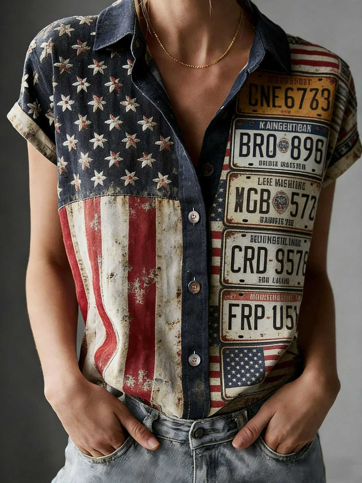 3D Printing America Flag Shirt Collar Short Sleeve Letter Pattern Vintage Casual Shirt
