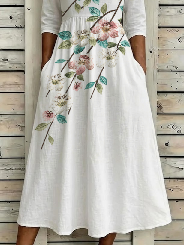 Women's Half Sleeve Summer White Floral Printing Crew Neck Daily Going Out Casual Maxi H-Line Dress