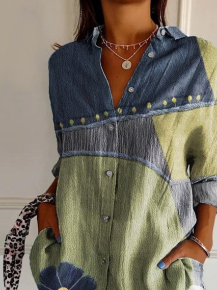 Women's Long Sleeve Shirt Spring/Fall As Picture Abstract Buckle Shirt Collar Regular Sleeve Daily Going Out Casual Top