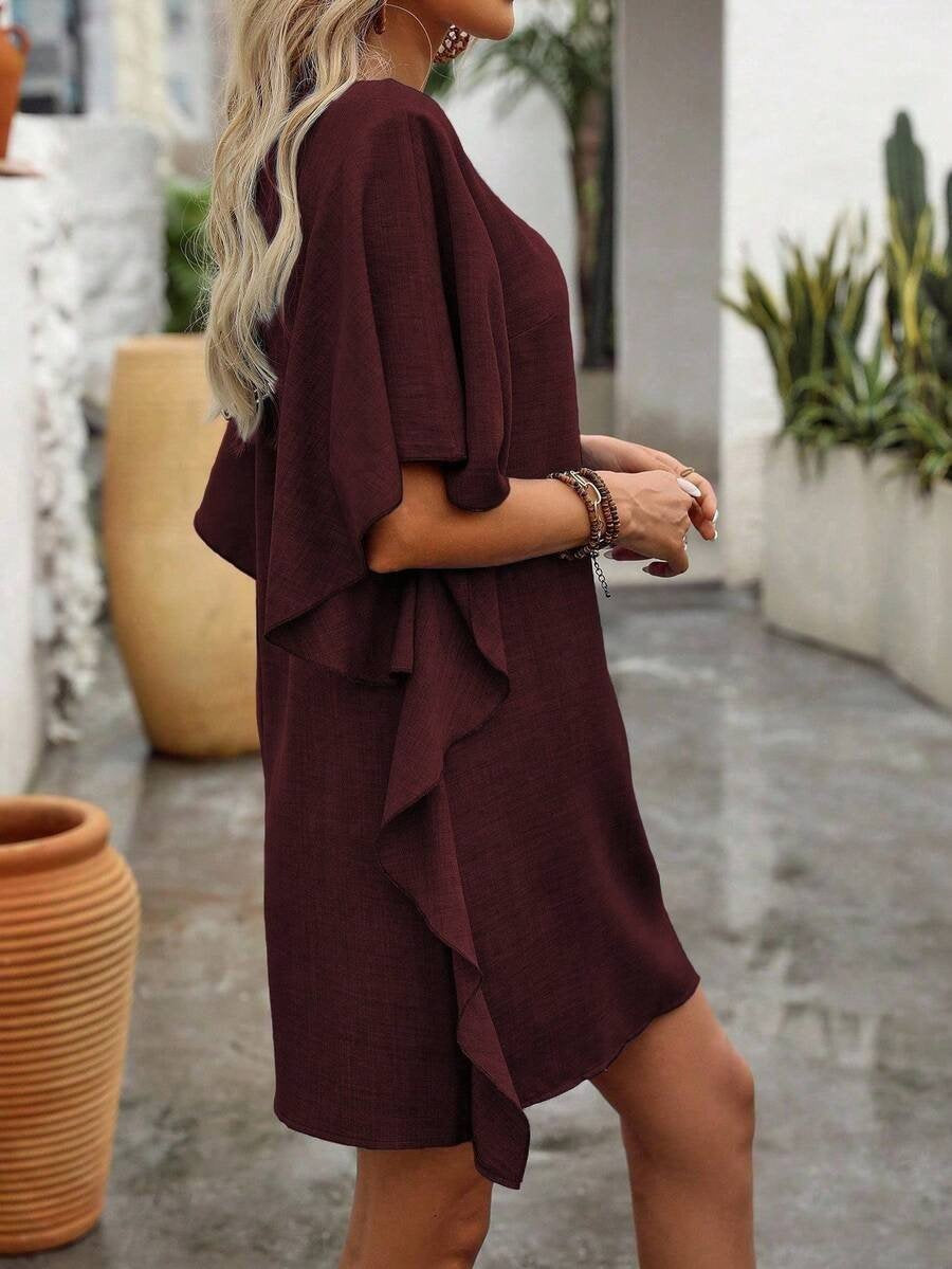 Women's Short Sleeve Summer Khaki Plain Split Joint V Neck Daily Going Out Vintage Mini A-Line Ruffle Skirt Dress