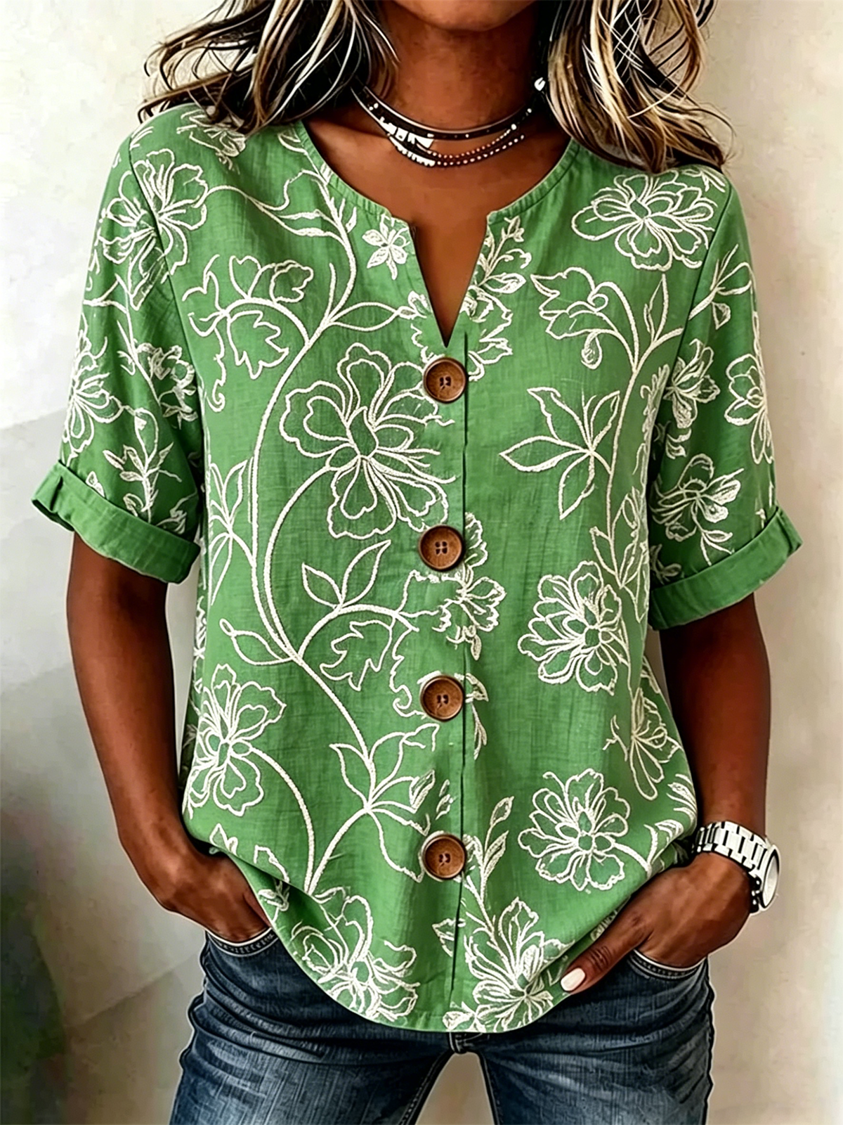Vintage Blue Floral V-Neck Blouse with Wooden Buttons