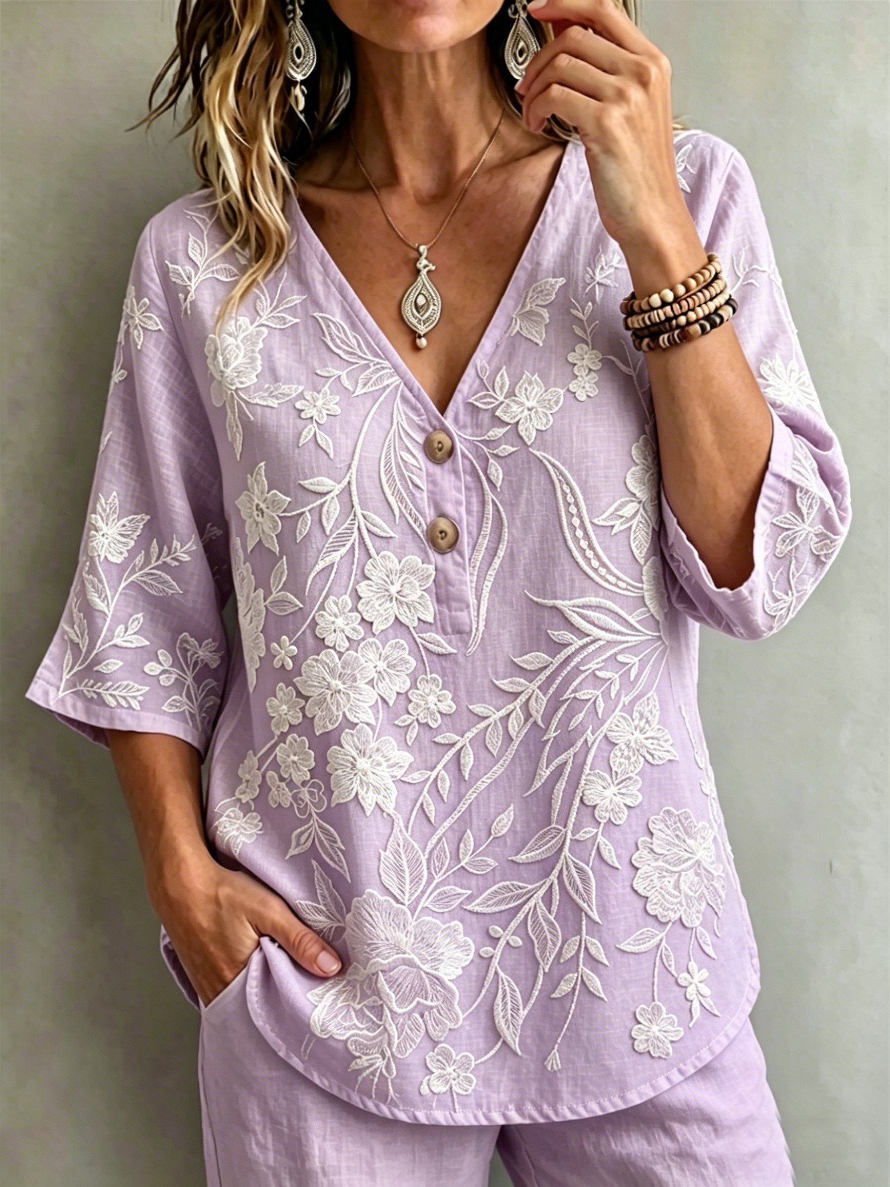 Botanical Pattern Linen Blend Elegant V Neck Blouse