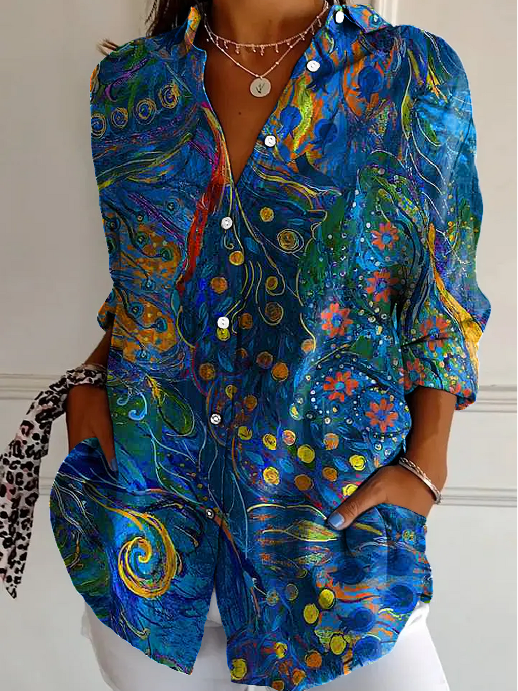 Women's Abstract Print Button Front Long Sleeve Shirt