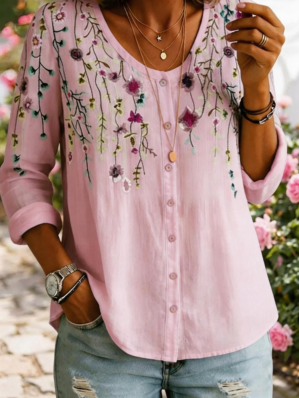Women’s 3D Floral Print Button-Up Long Sleeve blouse